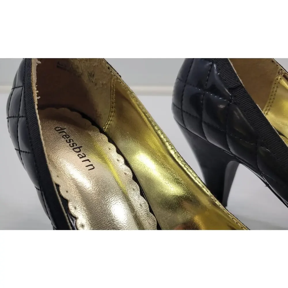 BG) Dressbarn Woman Quilted High Open Toe Black Heel Shoes 8M
